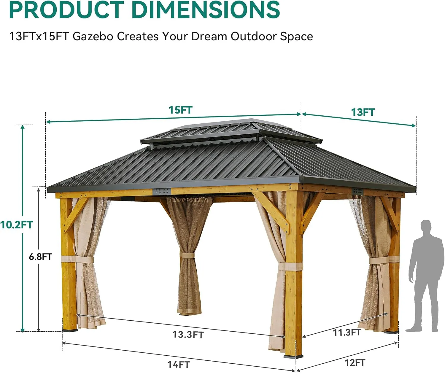 13X15FT Wood Gazebo Outdoor Wooden Frame Gazebo Double Roof Hardtop Galvanized Steel Top Canopy W/Curtain and Netting, Patio Heavy Duty Gazebo for Deck, Backyard, Beige Yellow