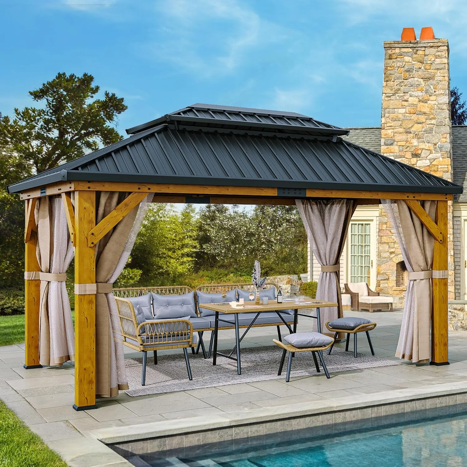 13X15FT Wood Gazebo Outdoor Wooden Frame Gazebo Double Roof Hardtop Galvanized Steel Top Canopy W/Curtain and Netting, Patio Heavy Duty Gazebo for Deck, Backyard, Beige Yellow