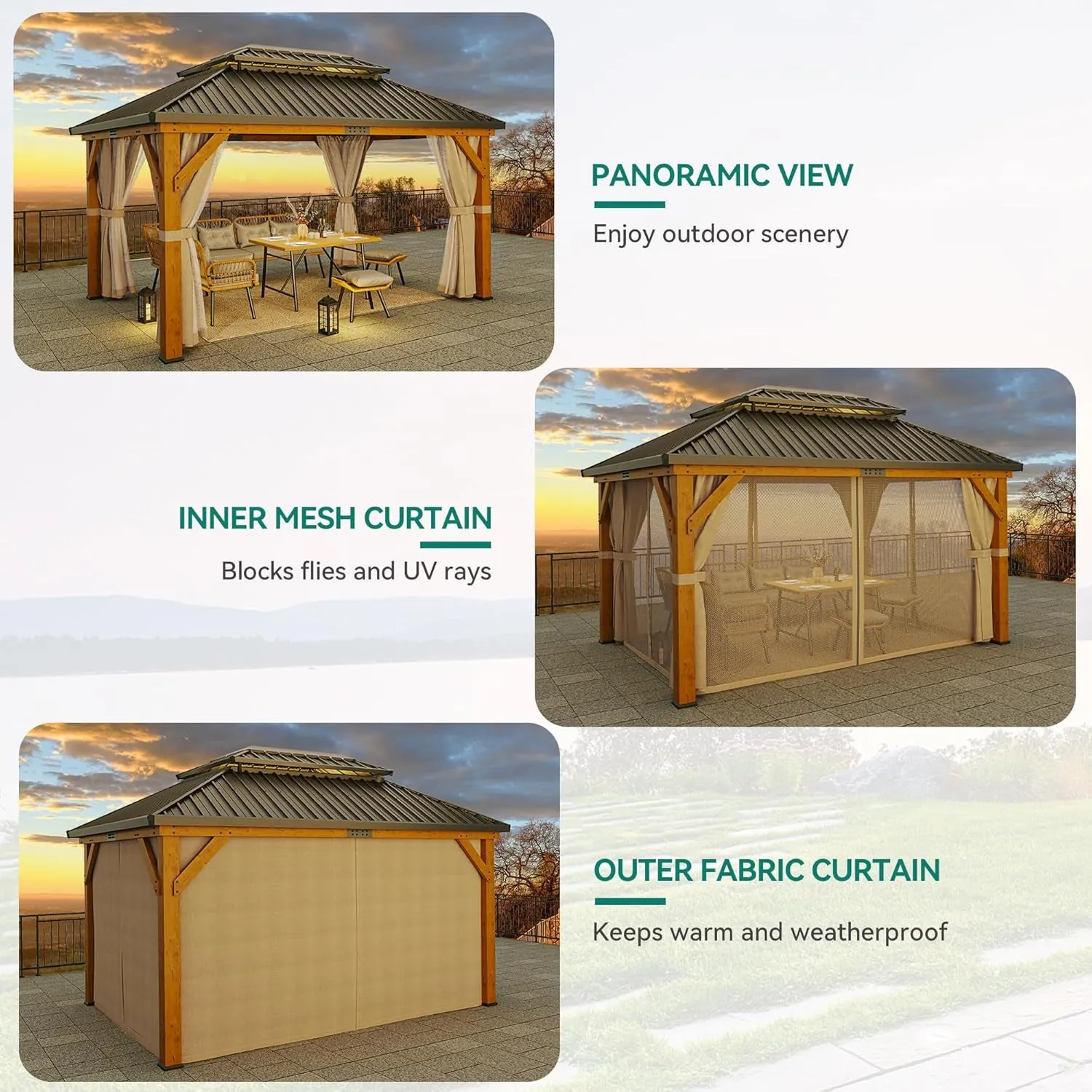 13X15FT Wood Gazebo Outdoor Wooden Frame Gazebo Double Roof Hardtop Galvanized Steel Top Canopy W/Curtain and Netting, Patio Heavy Duty Gazebo for Deck, Backyard, Beige Yellow