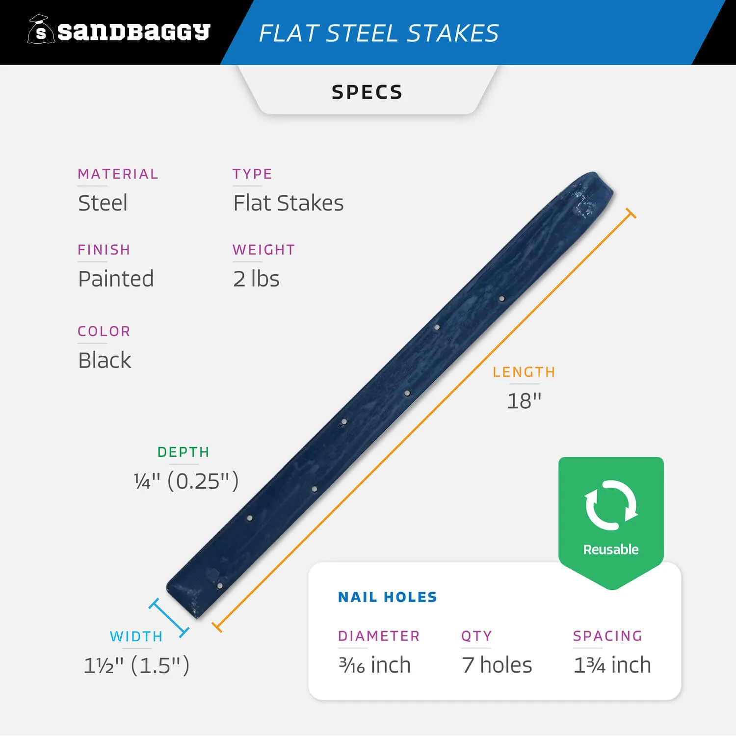 18" Flat Steel Stakes For Concrete Forms With Nail Holes