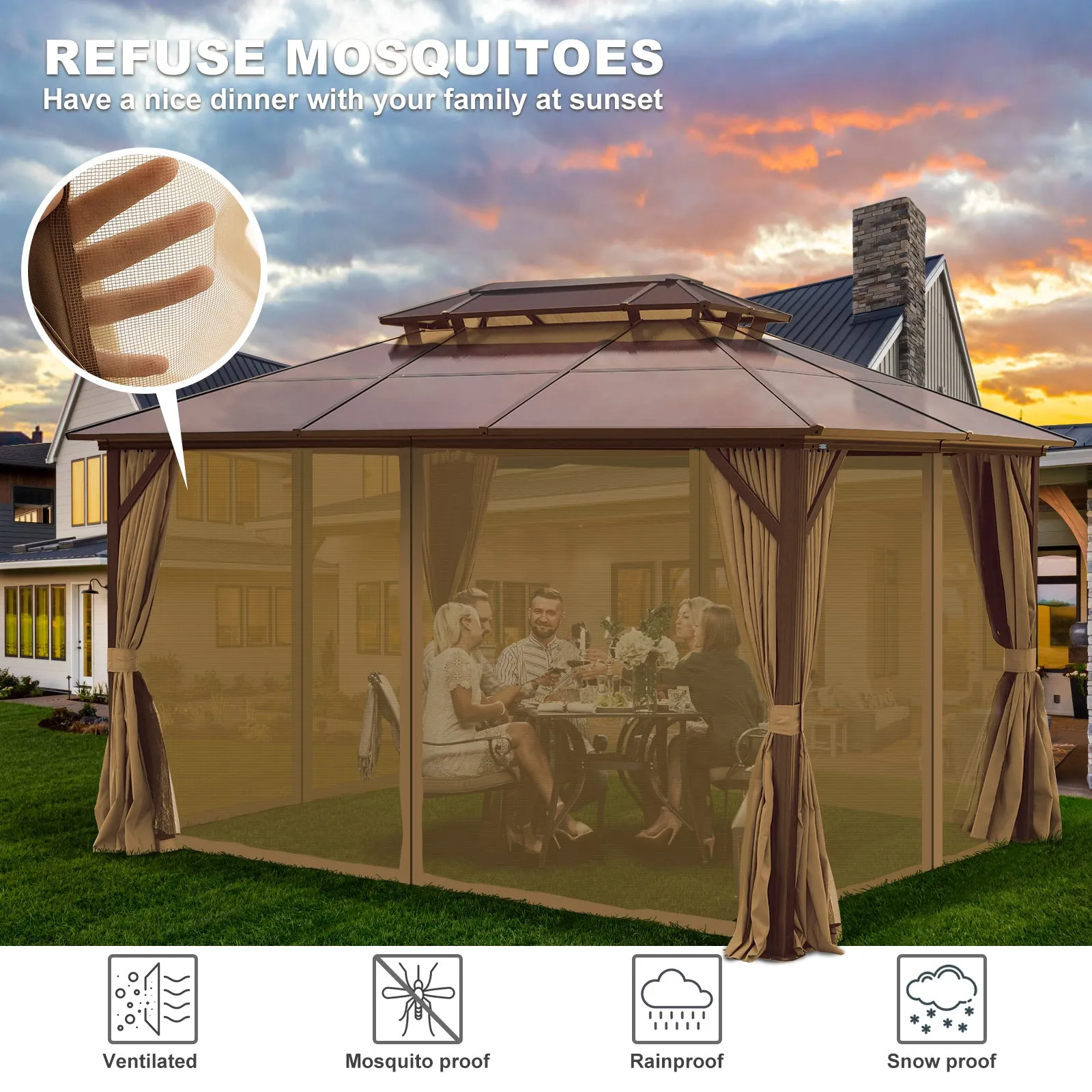 Delta 10X13 ft Patio Gazebo with Netting & Curtains - Brown