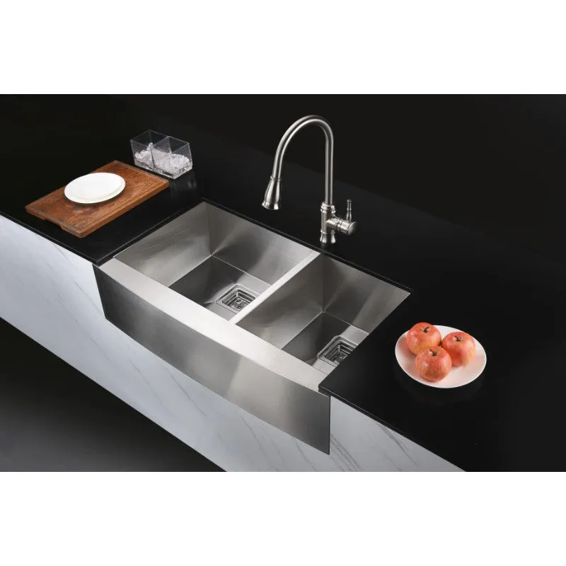 Elysian 32.88-Inch Double Bowl Farmhouse Apron Kitchen Sink with Square Drain, Brushed Satin Finish