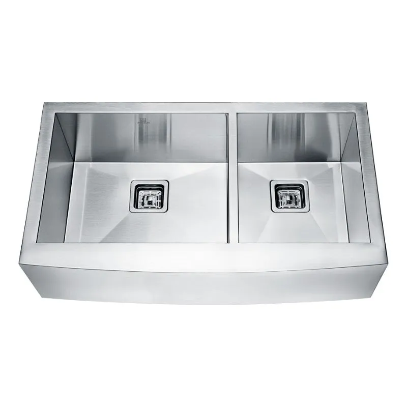 Elysian 32.88-Inch Double Bowl Farmhouse Apron Kitchen Sink with Square Drain, Brushed Satin Finish