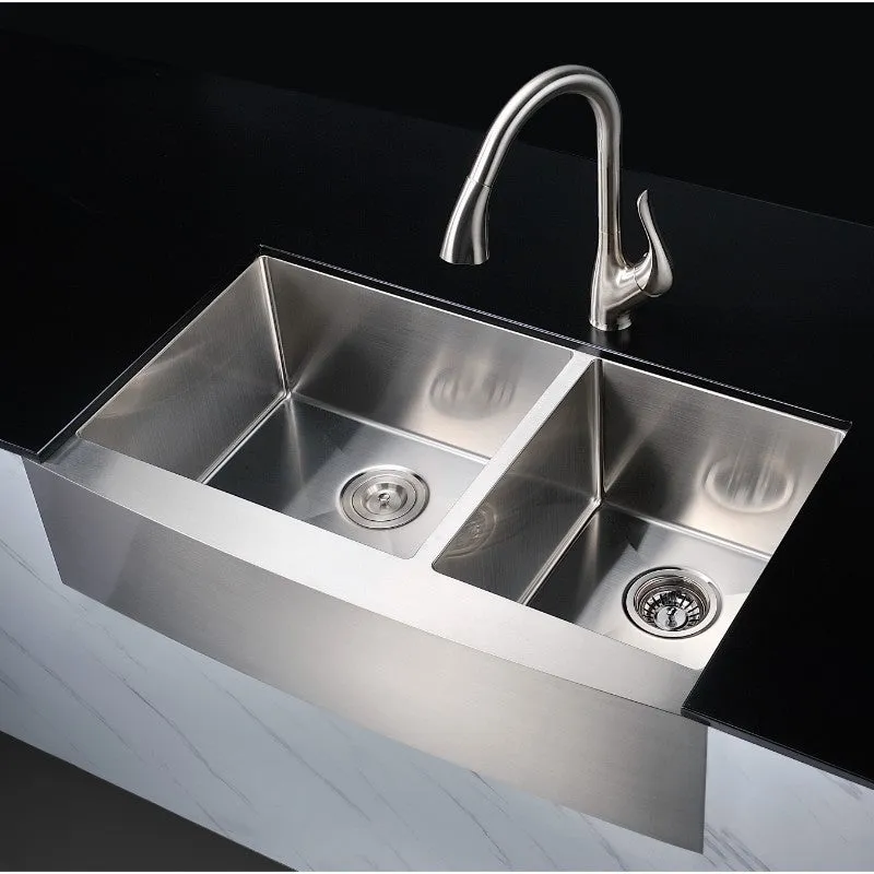 Elysian 35.88" Double Basin Farmhouse Apron Kitchen Sink in Brushed Satin