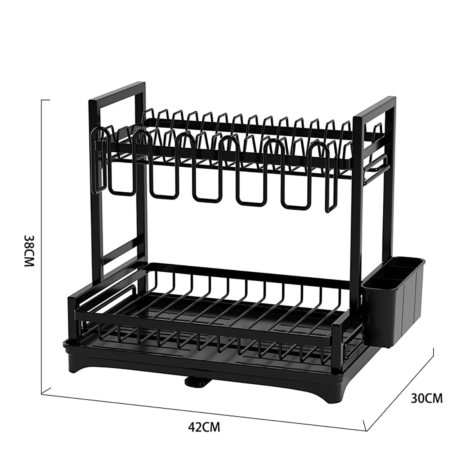 Neo Black 2 Tier Dish Drying Rack with Drip Tray and Drainage Spout