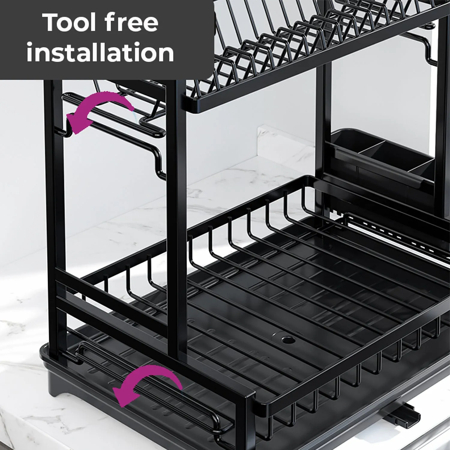 Neo Black 2 Tier Dish Drying Rack with Drip Tray and Drainage Spout