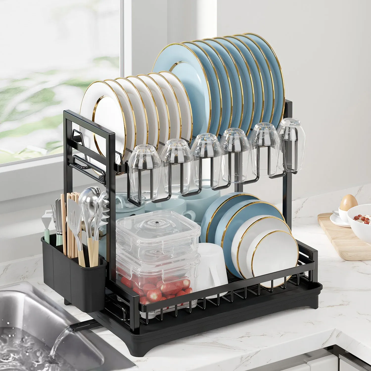 Neo Black 2 Tier Dish Drying Rack with Drip Tray and Drainage Spout