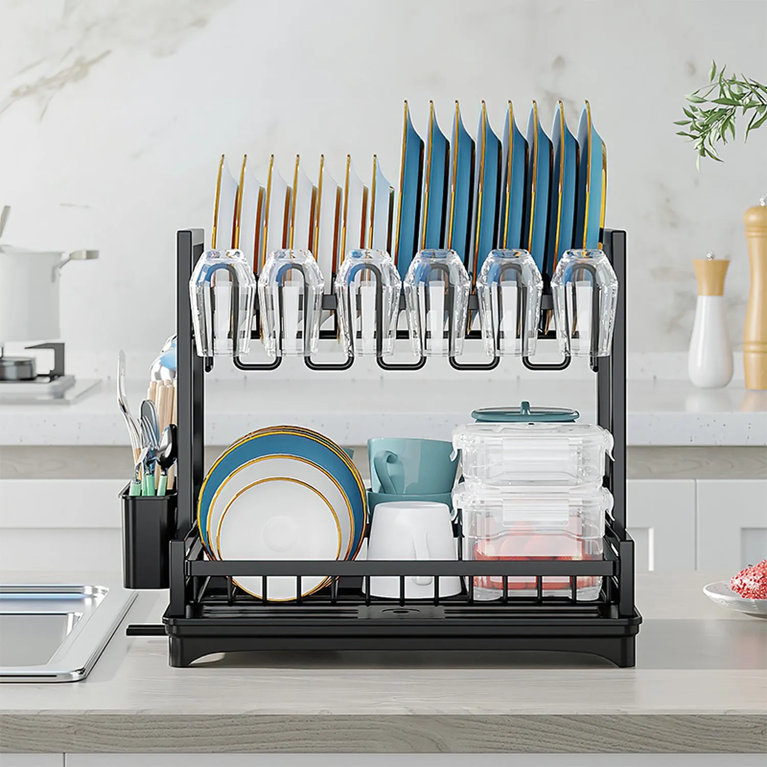 Neo Black 2 Tier Dish Drying Rack with Drip Tray and Drainage Spout