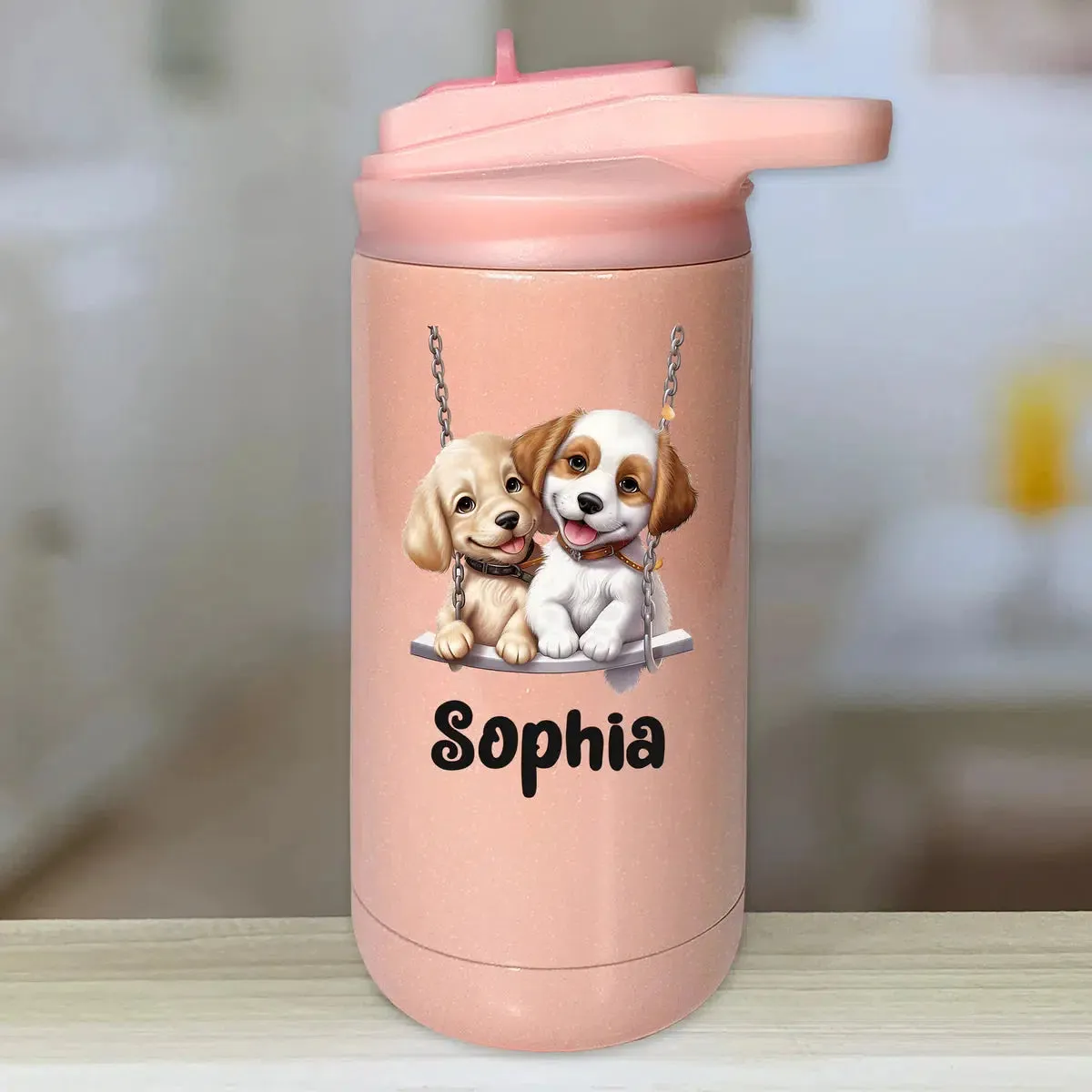 Personalized Kids Water Bottle Tumblers -  Baby Animals Couple Swing