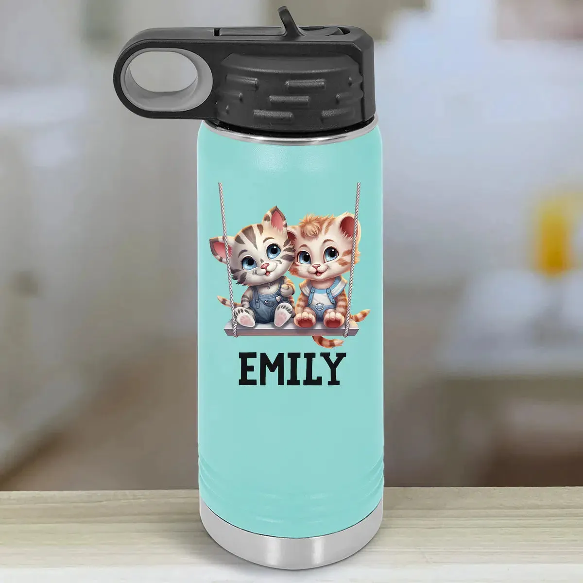 Personalized Kids Water Bottle Tumblers -  Baby Animals Couple Swing