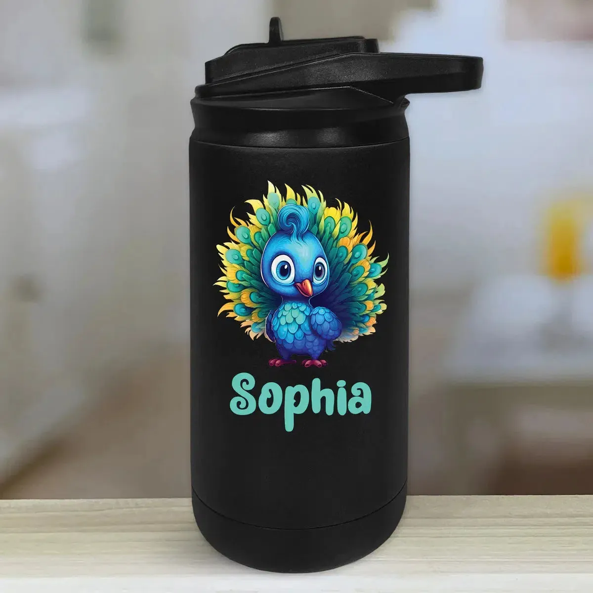 Personalized Kids Water Bottle Tumblers - Cute Peacock