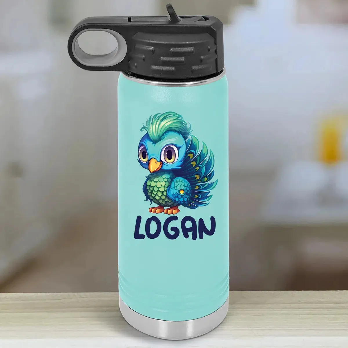 Personalized Kids Water Bottle Tumblers - Cute Peacock