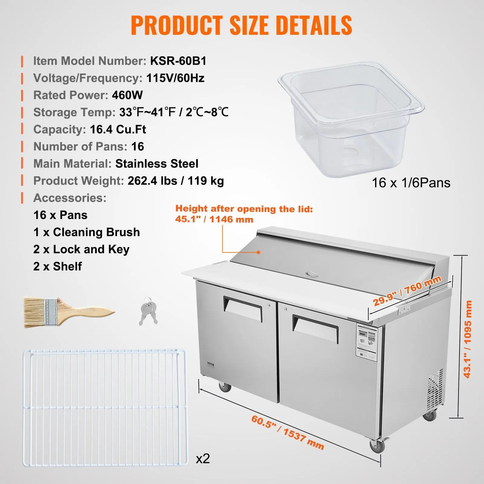 Vevor Refrigerated Prep Table 16.4 Cu. Ft. Commercial 2-Door Food Prep Fridge 60" Stainless Steel New