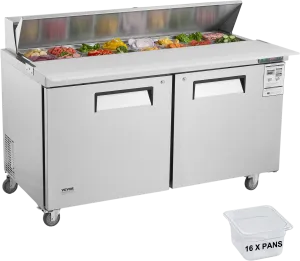 Vevor Refrigerated Prep Table 16.4 Cu. Ft. Commercial 2-Door Food Prep Fridge 60" Stainless Steel New